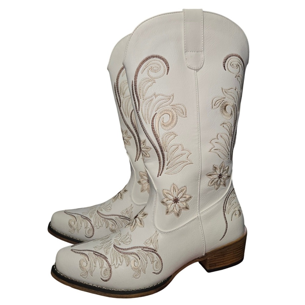 IUV Women White Floral Embroidered Western Cowboy Boots CB005-WH Size 9‎